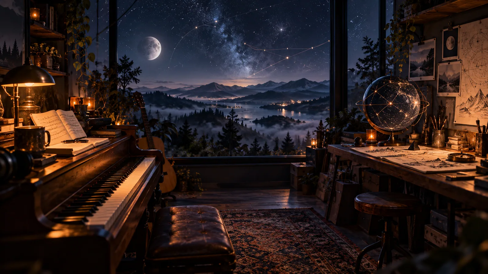 Moonlit creative studio with a piano, guitar, celestial globe, maps, and a mountain lake beneath the Milky Way.